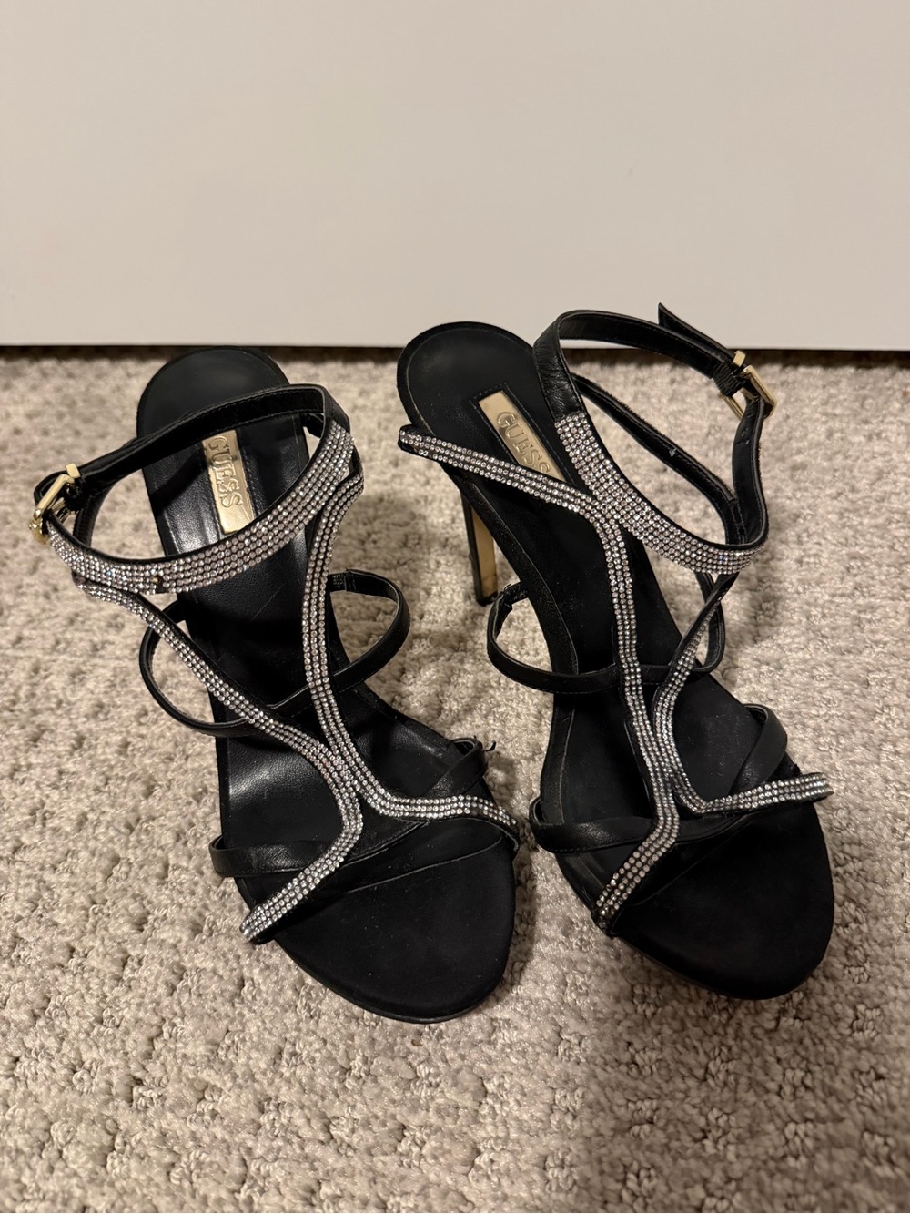 Guess Black Strappy Heels with Rhinestone Trim